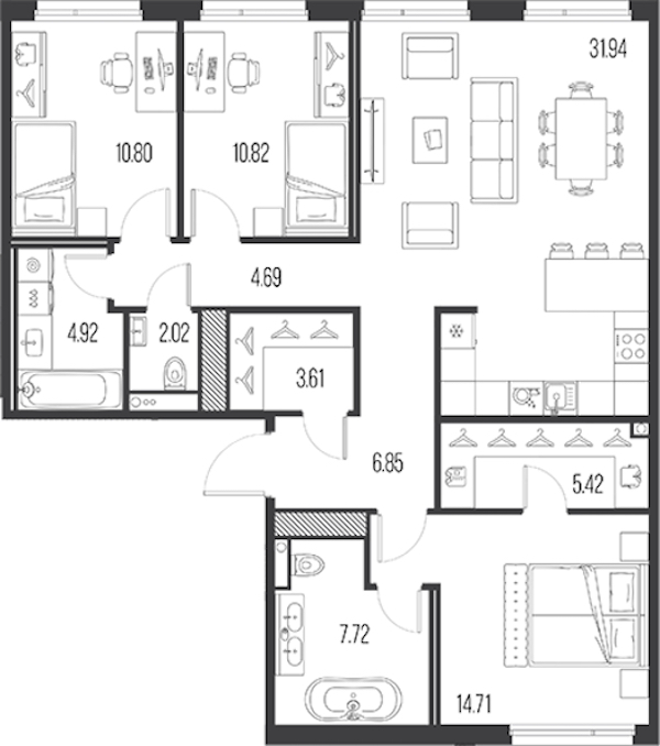 3-комнатная квартира 103.5 м², 3/10 эт., ЖК «LEGENDA Васильевского»